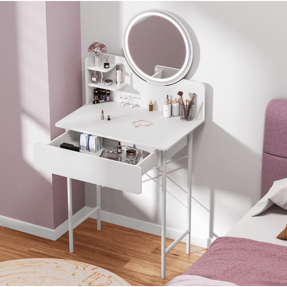 Dapmiu Wooden Makeup Vanity with Lighted Mirror, 1 Drawer and Open Shelves, Easy Assembly Dressing Table