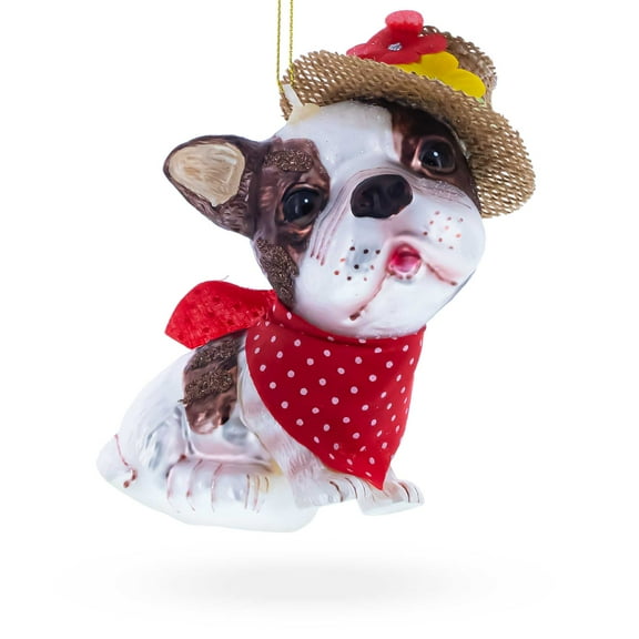 Dapper Boston Terrier in Hat Glass Christmas Ornament