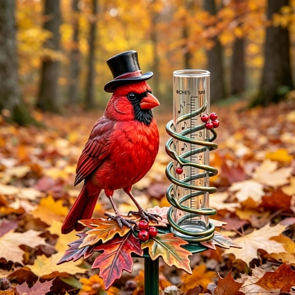 Dapper Cardinal Bird Decorative Rain Gauge, Vintage Top Hat Red Cardinal Autumn Leaf Design Outdoor Stake Gauge, Stylish Outdoor Garden Yard Patio Decor(7.874.72in)