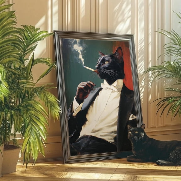 Dapper Cat Wall Art, Black Cat Portrait In Tuxedo, Vintage Bar Style Home Decor #1052, Unframed Poster Size 8x12