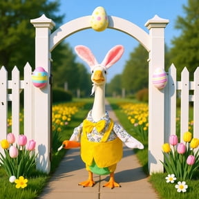 romoty Dapper Easter Bunny Porch Goose Outfit with Attached Plush Carrot, 23-Inch Decorative Cement Goose Clothes, Yellow Bib Overalls and Bunny Ears 2-Piece Set