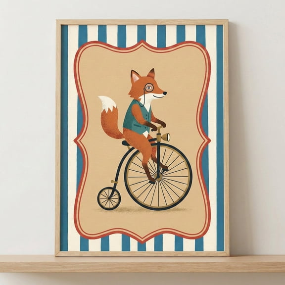Dapper Fox With Monocle Anthropomorphic Wall Art Penny Farthing Bicycle Print Whimsical Unframed Paper Poster 24x36in