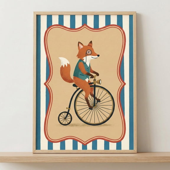 Dapper Fox With Monocle Anthropomorphic Wall Art Penny Farthing Bicycle Print Whimsical Wo