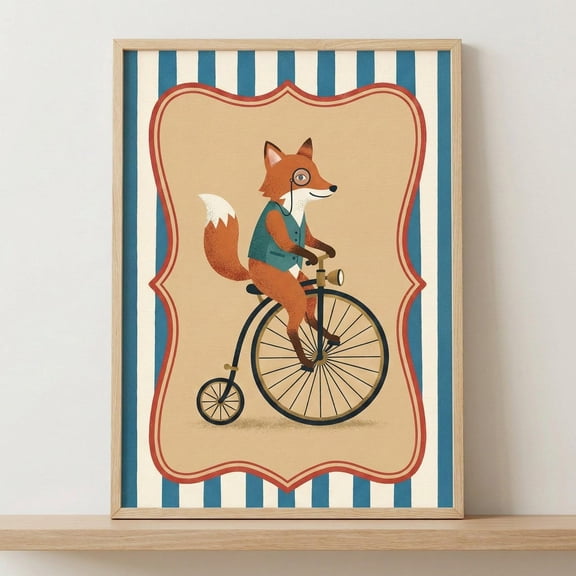 Dapper Fox with Monocle Riding Penny Farthing Bicycle, Whimsical Anthropomorphic Wall Art Print