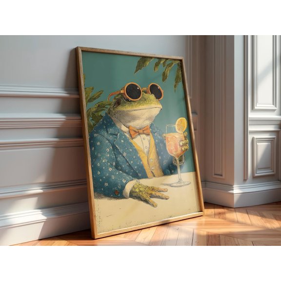 Dapper Frog Cocktail Whimsical Bar Cart Quirky Landscape Wall Decor Unframed Paper Print