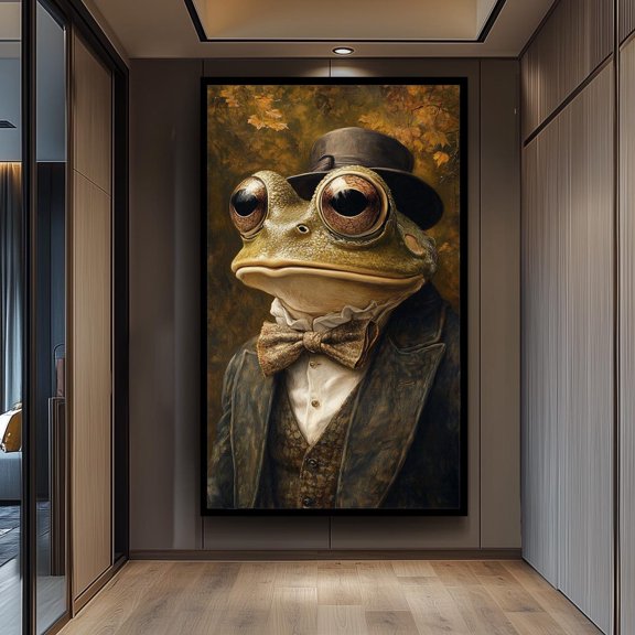 Dapper Frog Portrait Print Whimsical Animal Wall Art Home Decoration, Unframed Canvas 24x36in