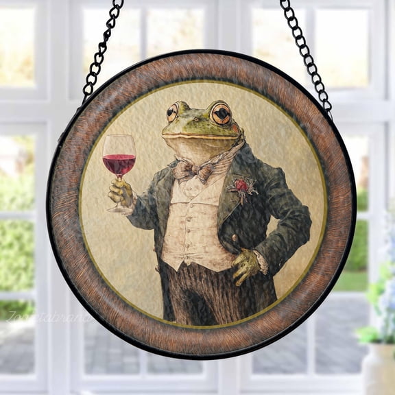 Dapper Frog Stained Glass Suncatcher Metal Outdoor Decor Vintage Whimsical Bronze Finish