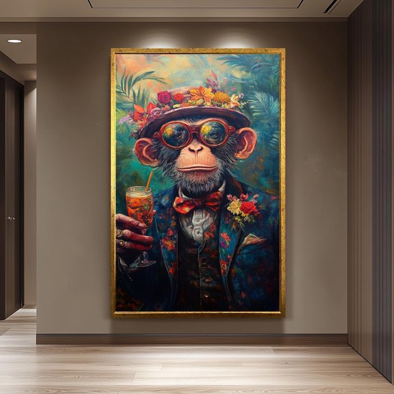 Dapper Monkey Art Tropical Chimp Cocktail Print, Unframed Paper Poster 8x10in