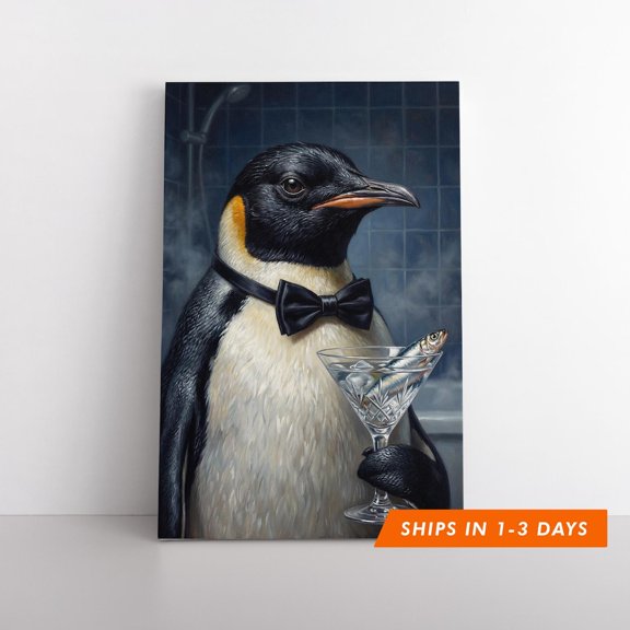 Dapper Penguin Martini Suit Quirky Cocktail Bar Poster, Stretched Canvas