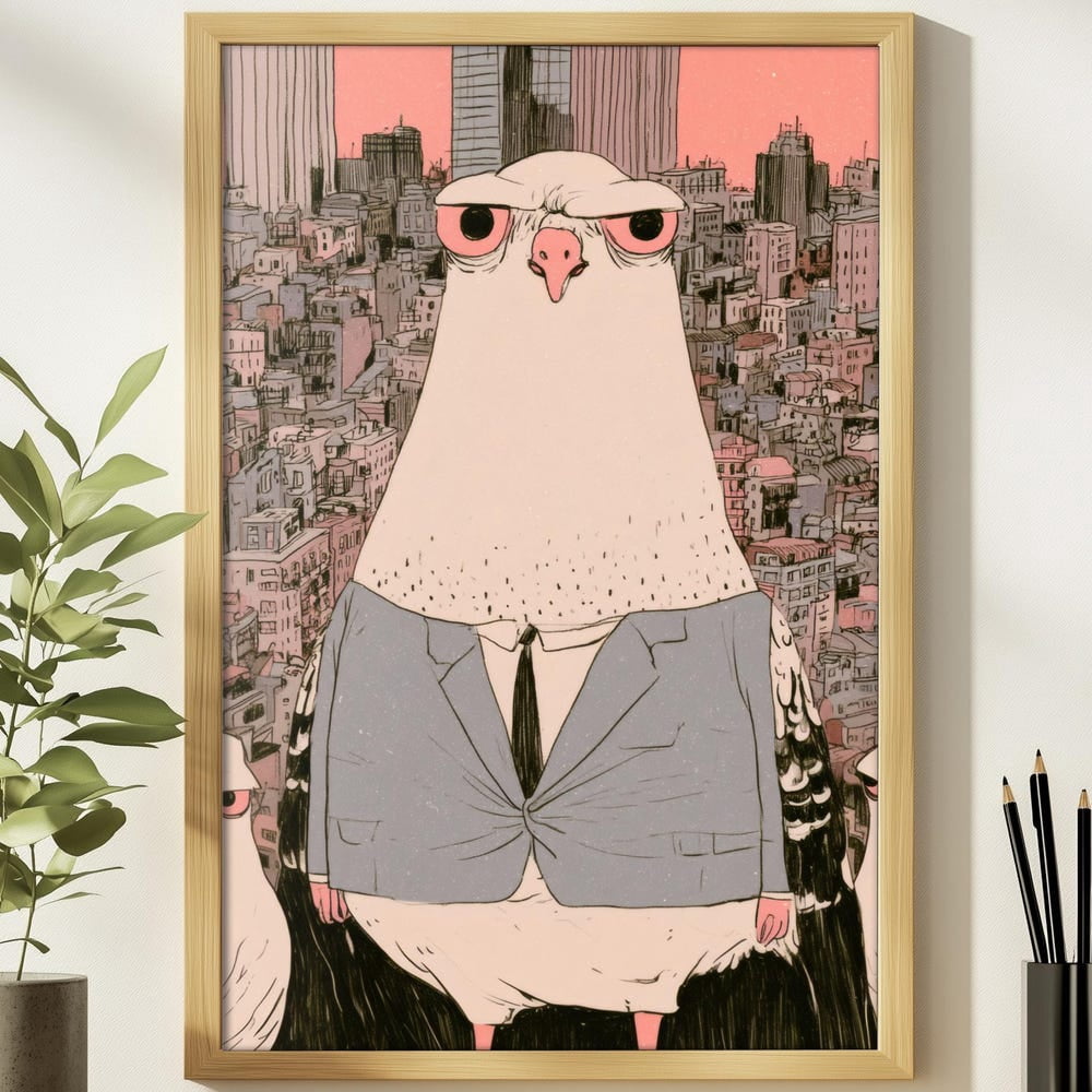 Dapper Pigeon Above City Playful Bird Library Poster - Walmart.com