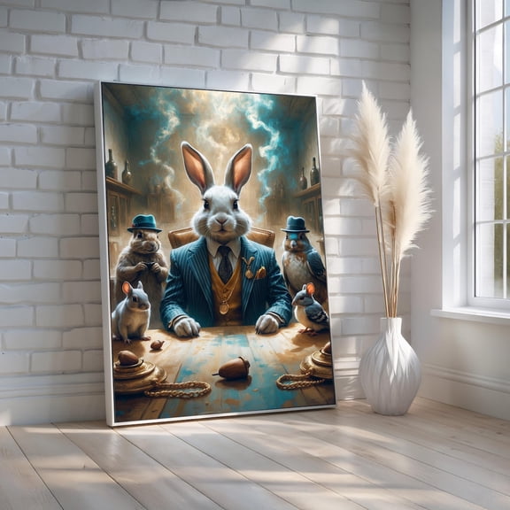 Dapper Rabbit Mafia Boss | Funny Animal Portrait Wall Art | Woodland Gangster Decor For Office, Bar, Or Den | Ready To Hang Canvas Poster, Unframed Poster Size 8x12