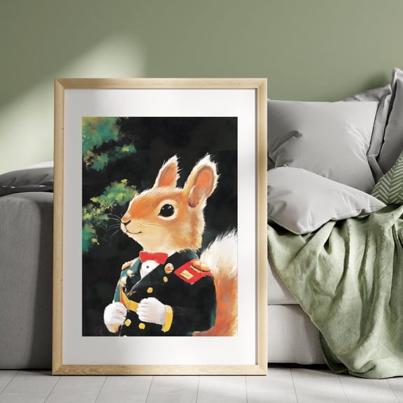 Dapper Squirrel In Military Attire, Whimsical Squirrel Portrait, Animalunique Art Print, Quirky Squirrel Decor Wall Art, Modern Wall Decor, 12x18 UNFRAMED