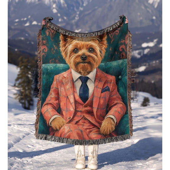 Dapper Yorkshire Terrier Portrait Teal and Coral Woven Blanket, 100% Cotton, Classic Home Accent
