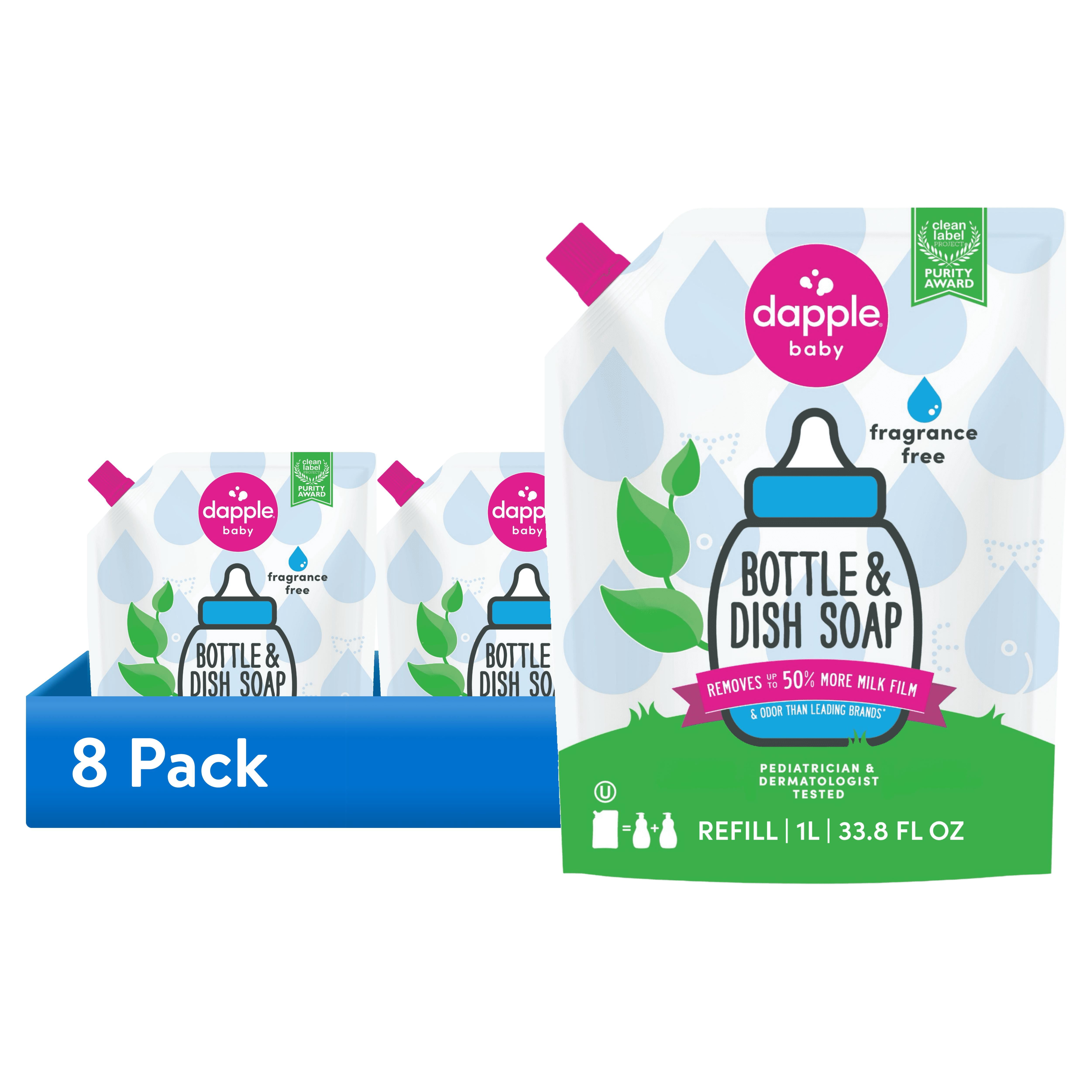(8 pack) Dapple Baby Bottle and Dish Soap Refill for Baby Products, Fragrance Free, 33.8 fl oz