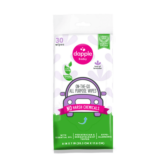Dapple Baby On-the-Go All-Purpose Cleaning Wipes, Lavender, 1 Resealable Pack (30 Wipes)