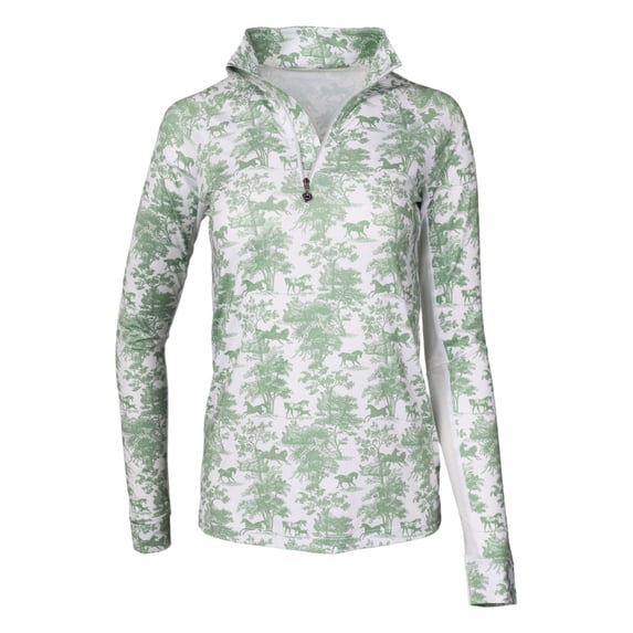 Dapplebay Equestrian Toile 1/4 Zip Light Riding Top - Long Sleeve-Green/White-S