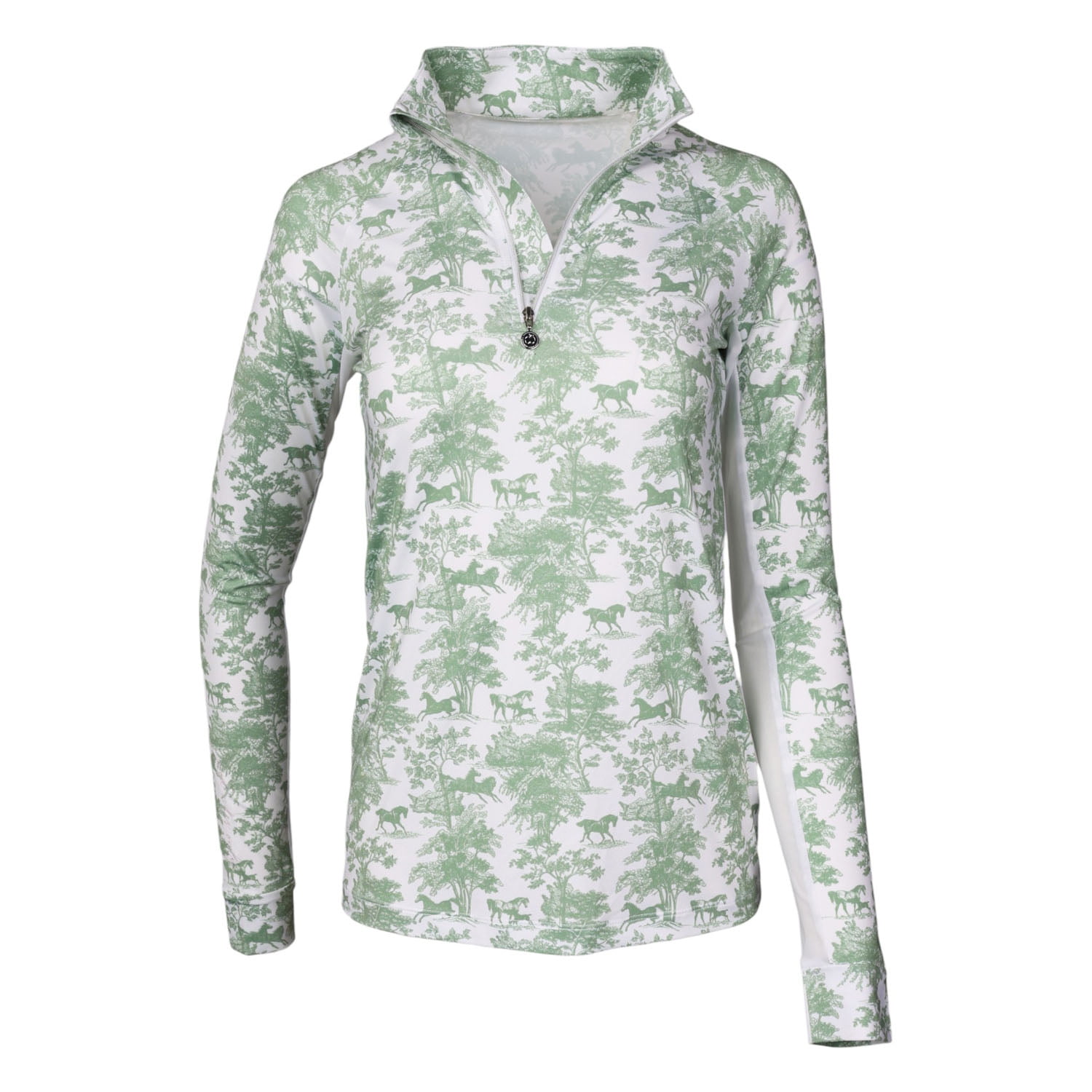 Dapplebay Equestrian Toile 1/4 Zip Light Riding Top - Long Sleeve-Green/White-XXL