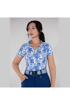 Dapplebay Equestrian Toile 1/4 Zip Light Riding Top - Short Sleeve-Blue/White