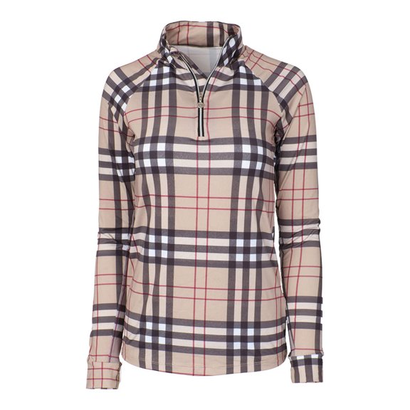 Dapplebay Holiday Plaid Ladies 1/4 Zip Riding Top- Tan