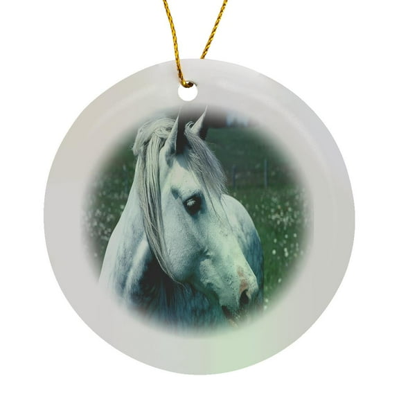 3drose, Dappled Grey Horse Flowered Pasture, Circle Porcelain Ornament