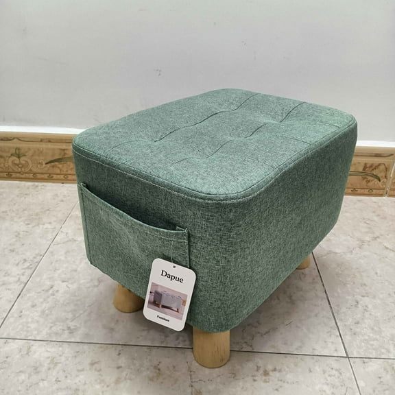 Dapue Furniture Modern Ottoman Footstool, Sage Green Linen Fabric, Wooden Legs