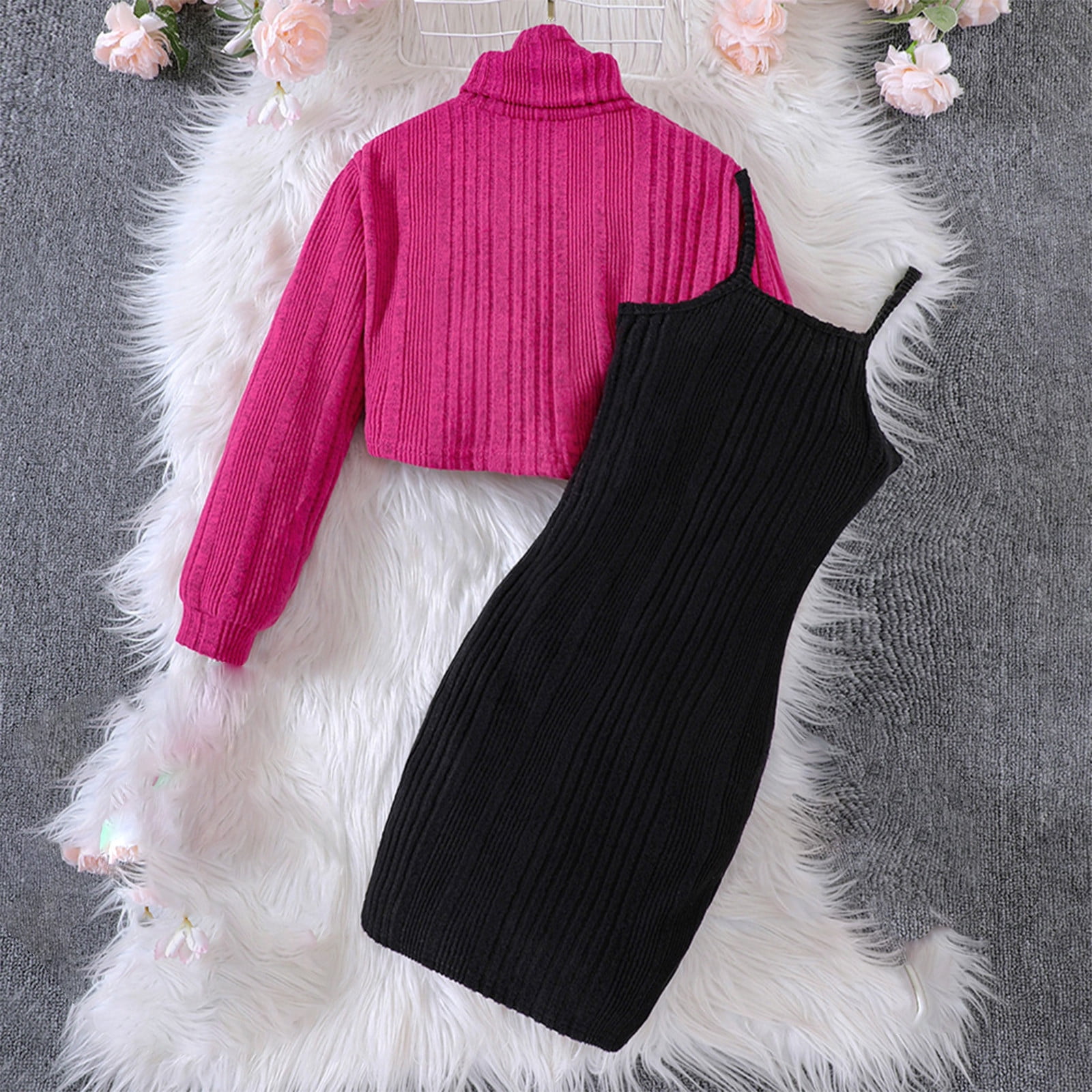 Daqian (8-12Years) Knit Turtleneck Long Sleeve Cowl Top + Camisole Black Dress 2 Piece Set Big Girls Dresses Clearance Holiday Dresses for Girls Holiday Outfit Red 12-13 Years