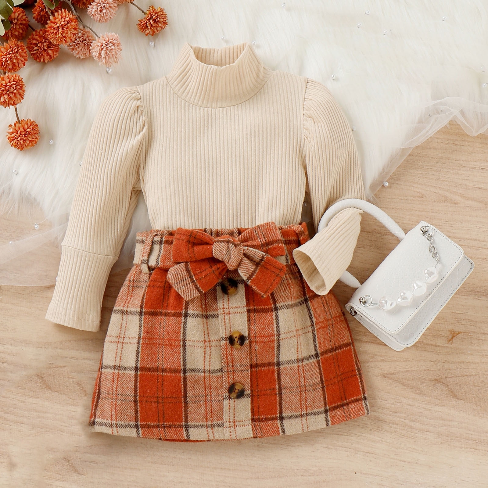 Daqian Baby Clothes for Girls Knit Bubble Sleeve Long Sleeve Top + Plaid Skirt Set Suitable for 6 Months-3 Years Old Girls Clothes Sets Orange 3-4 Years