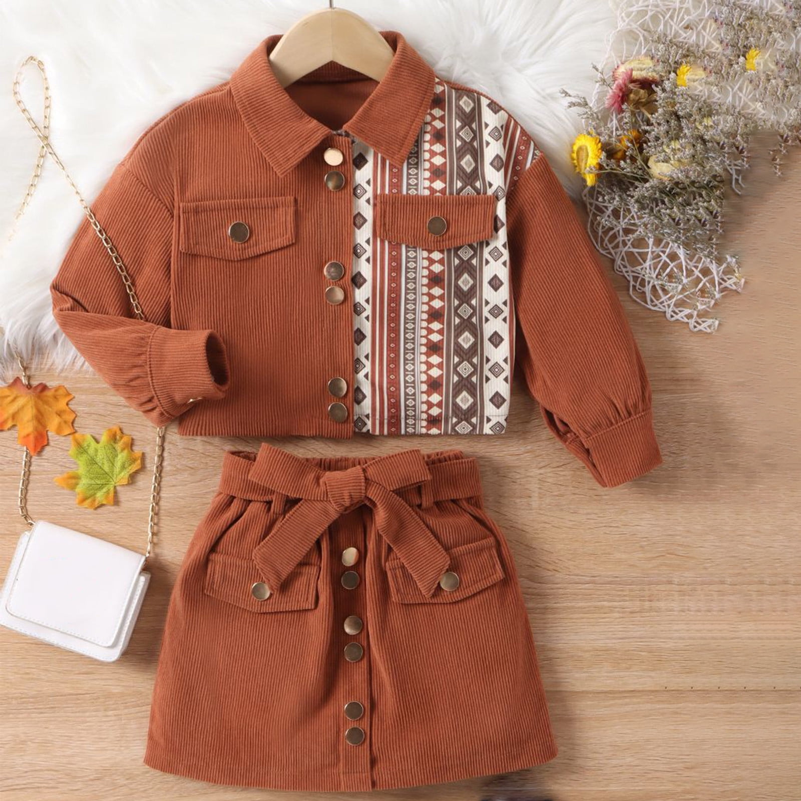 Daqian Baby Clothes for Girls Clearance Sibomian Style Buttons Top + Personalized Fashion Skirt Light Brown Set Suitable for Ages 3-7 Years Old Girls Clothes Sets Brown 3 Years