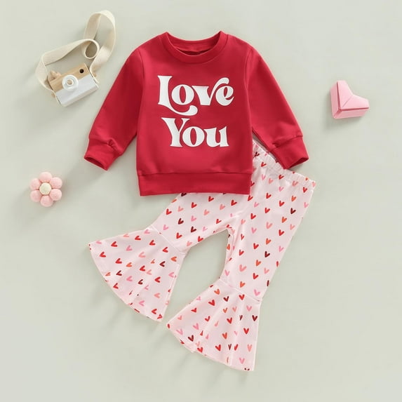Daqian Baby Girl Clothes Outfit, Toddler Girls Cotton Printed Top and Ruffles Flared Pants Outfit Set, 2 Piece, 18-24 Month Girl Clothes, Red 18-24 Months
