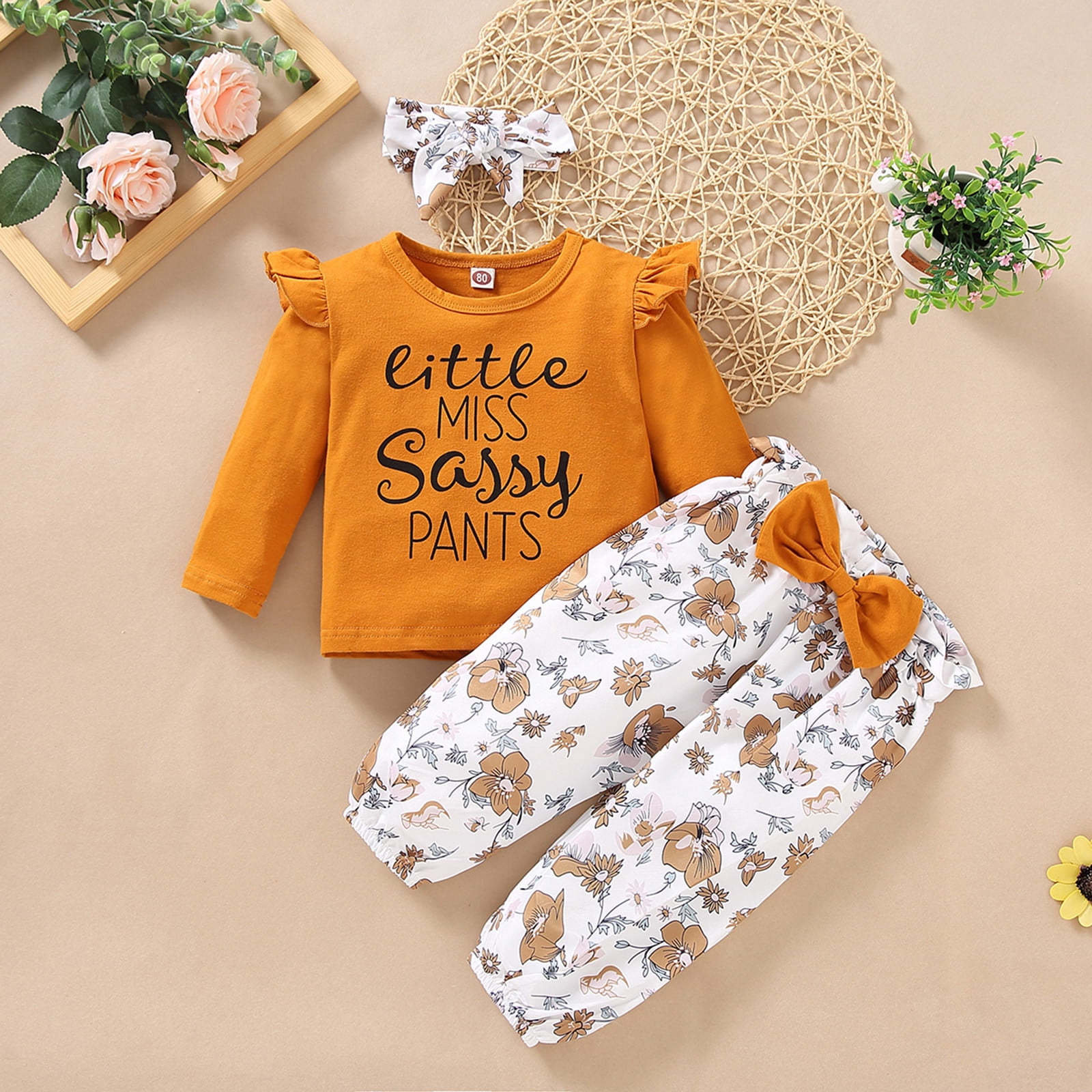Daqian Baby Girls Clothes Newborn Infant Baby Girl Long Sleeve Ruffle Solid Tops+Floral Bowknot