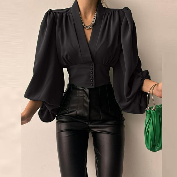 Daqian Blouses for Women Women Spring Casual Solid V Neck Lantern Long Sleeve Buttons Pullover Blouse Shirt Draw Back Short Tops Womens Tops Black 10(XL)