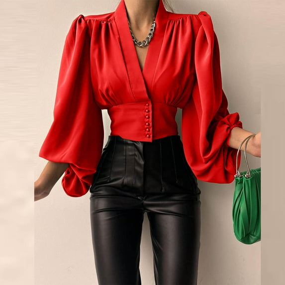 Daqian Blouses for Women Women Spring Casual Solid V Neck Lantern Long Sleeve Buttons Pullover Blouse Shirt Draw Back Short Tops Womens Tops Red 10(XL)