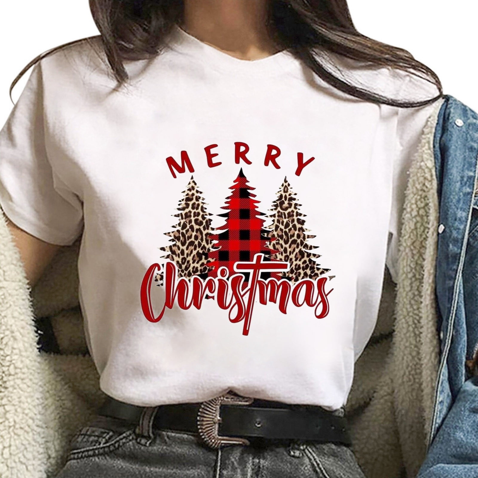 Daqian Christmas Tees for Women Women's Funny Christmas Print Short Sleeved Women's Top Womens