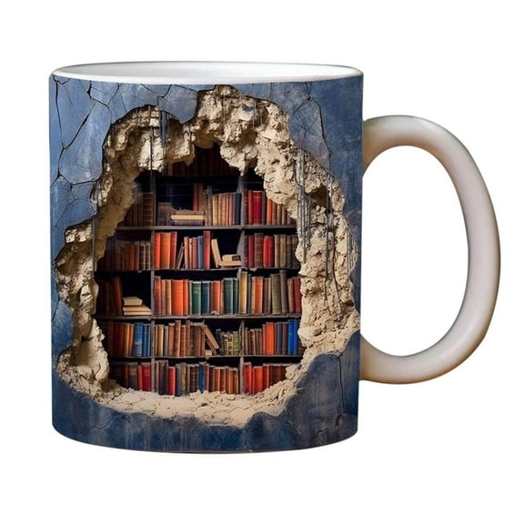 Daqian Double Wall Insulated Mug 3D Bookshelf Design Ceramic Coffee Mugs for Book Lovers Study Reading Gift Large Capacity