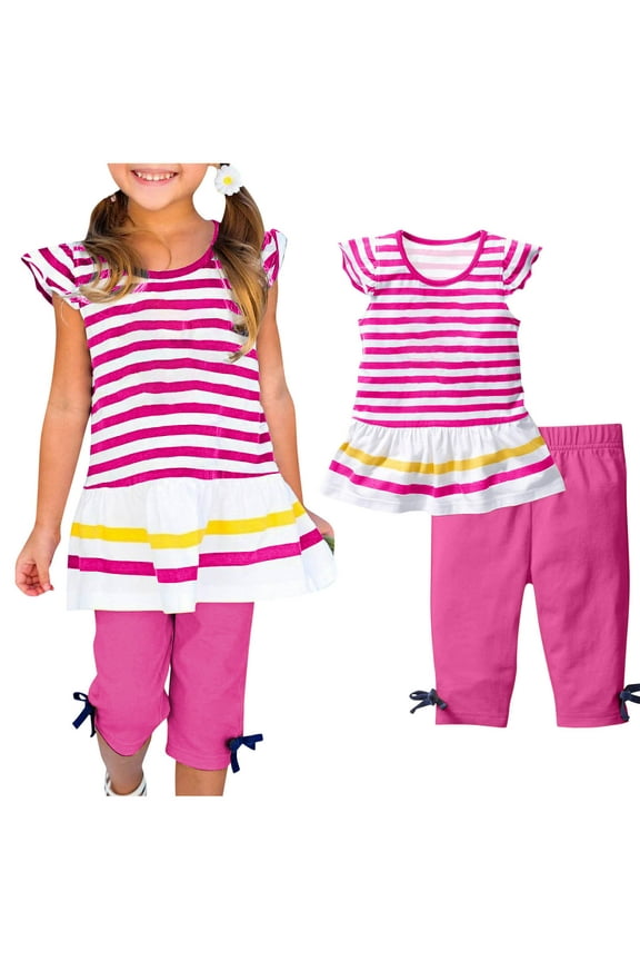 Fashion Girls' Casual Short Sleeve Tops Round Neck Collar Botton Printed Short Pants Sets Big Girls Outfits Girls Clothes Set Size 8 Hot Pink 7-8 Years