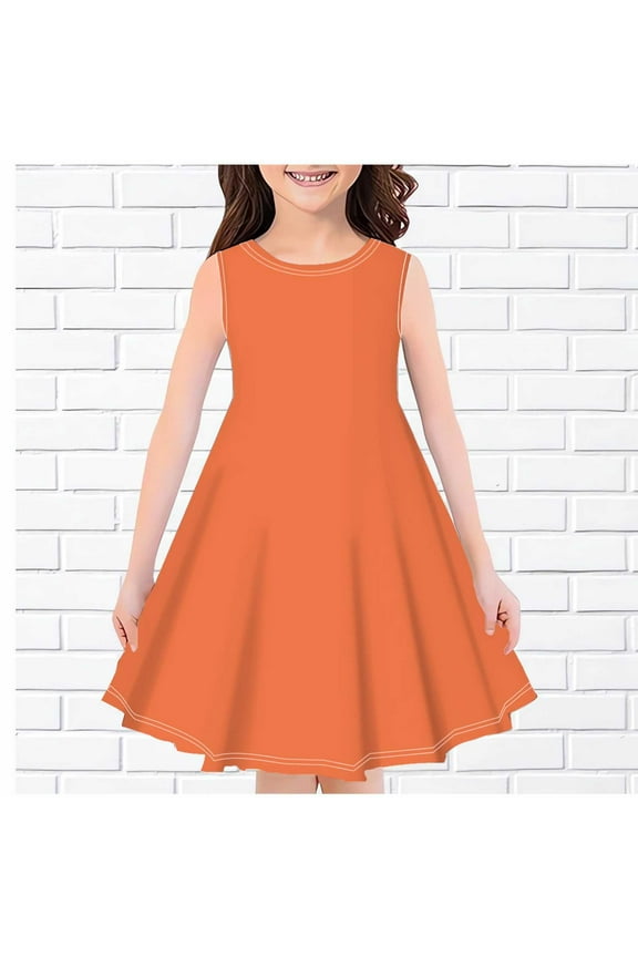 Fashion Girls Summer New Sleeveless Round Neck Printed Dress Girls Dresses Dresses for Girls Orange 4 Years(110)