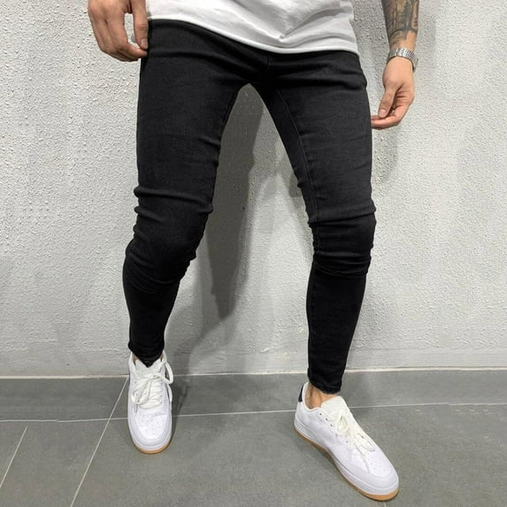 Daqian Jeans for Men Mens Casual Fitness Solid Bodybuilding Pocket Skin Full Length Sports Pants Mens Jeans Black L(L)