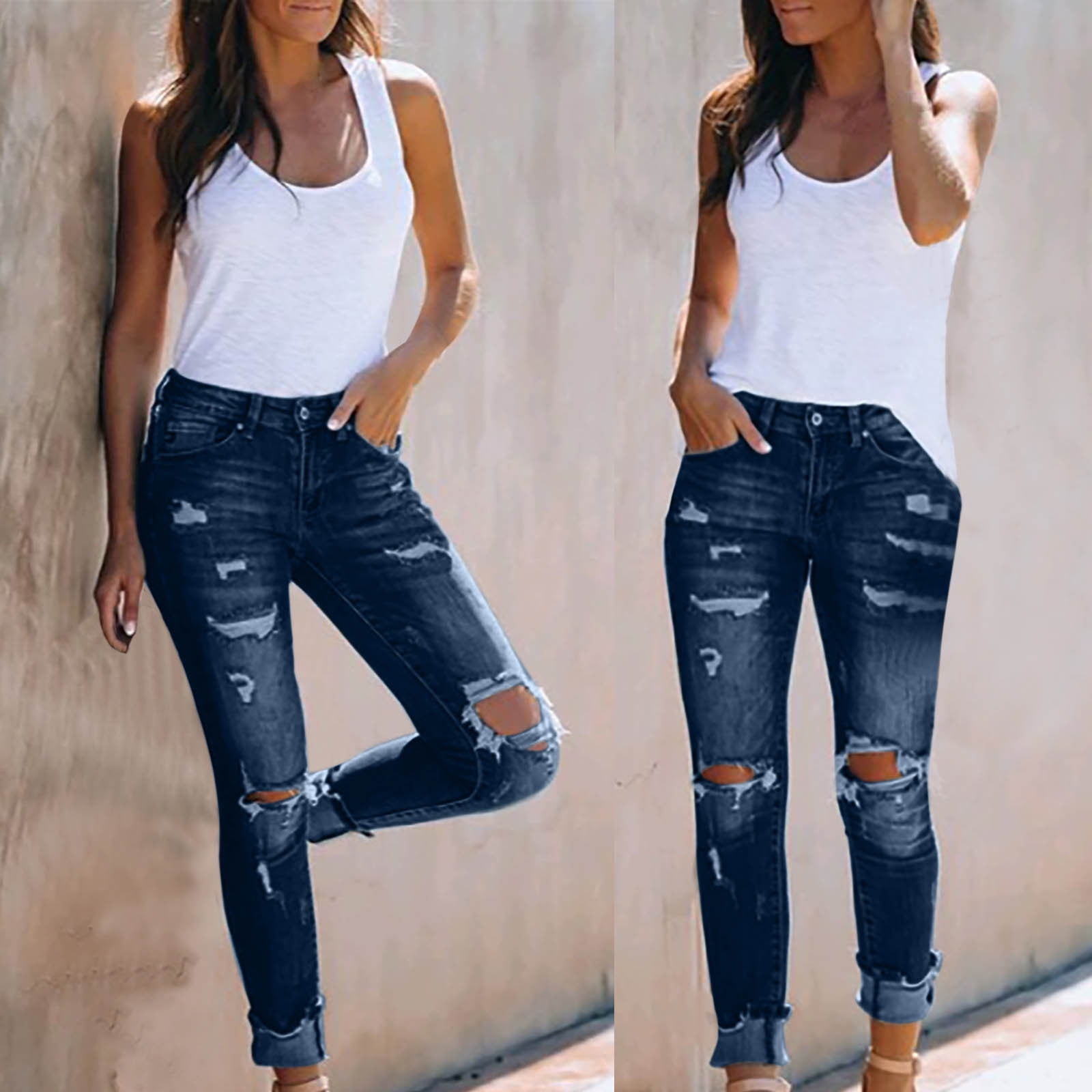 Daqian Jeans for Women Plus Size Fashion Women Hole High Waist Pocket ...