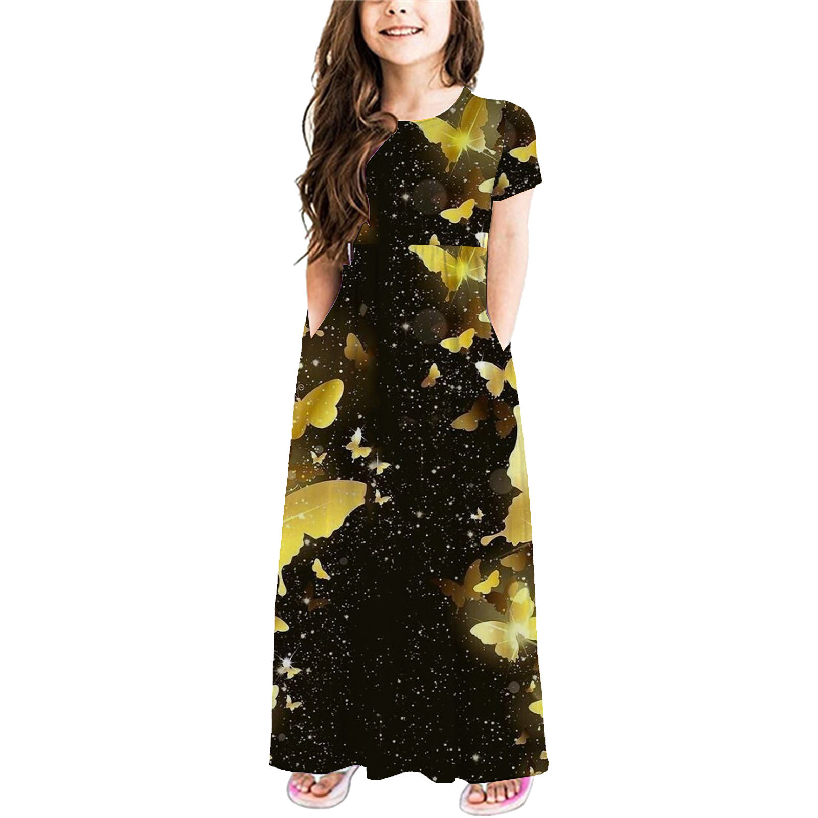 Daqian Little Kids Baby Girls Fashion Cute Short Sleeve Flower Multicolour Print Dress Big Girls