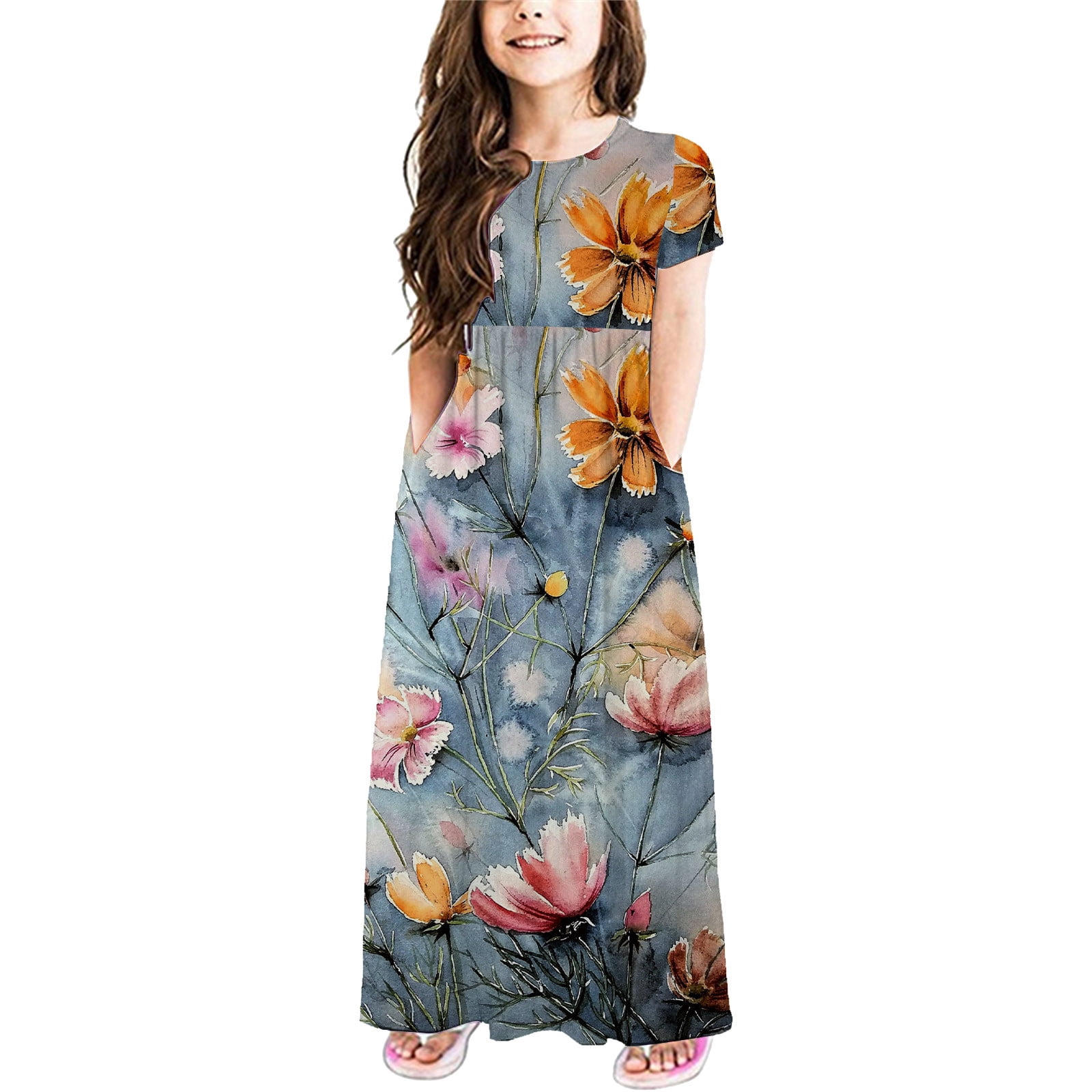 Daqian Little Kids Baby Girls Fashion Cute Short Sleeve Flower Multicolour Print Dress Big Girls