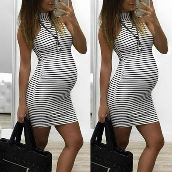 Daqian Maternity Dresses Fashion Womens Pregnants Round Neck Sleeveless Nursing Maternity Stripe Vest Dress Plus Size Maternity Clothes on White XL(XL)