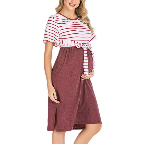 Daqian Maternity Dresses Pregnant Women Clothes Round Neck Short-sleeved Striped Maternity Casual Dress Plus Size Maternity Clothes on Wine XL(XL)