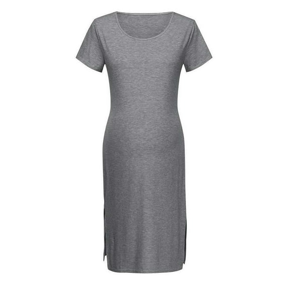Daqian Maternity Dresses Pregnant Women Clothes Sexy Short Sleeve Round Neck Middle Long Split Skirt Solid Color Knitted Maternity Dress Maternity Clothes on Gray 8(L)