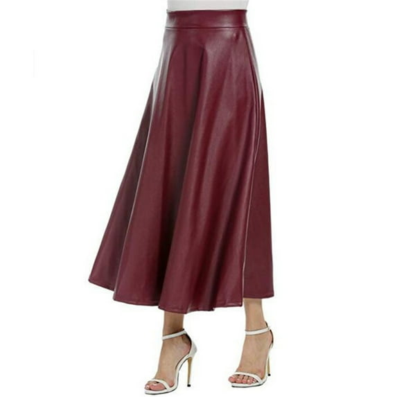 Daqian Plus Size Skirts Fashion Women's Leather Skirt Long Skirt High Waist Skirt Midi Skirts Women Red S