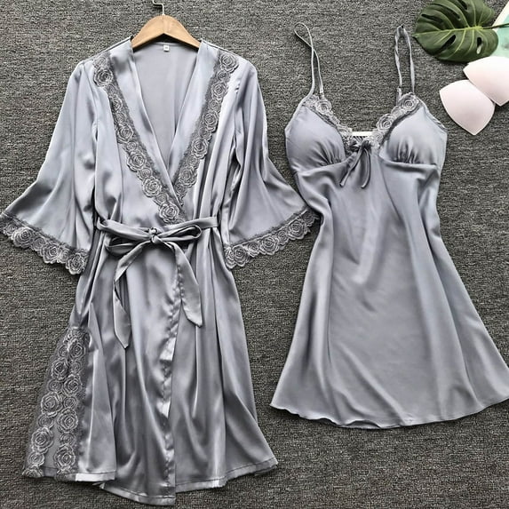 Daqian Plus Size Womens Pajamas Clearance Ladies Fashion Comfortable Solid Color Lace Suspenders Pajamas Dress Woman Nightgown Home Clothes Suit Pajamas for Women Clearance Gray 8(L)