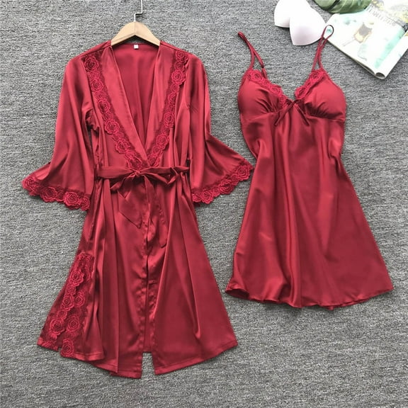 Daqian Plus Size Womens Pajamas Ladies Fashion Comfortable Solid Color Lace Suspenders Pajamas Dress Woman Nightgown Home Clothes Suit Pajamas for Women Red 4(S)