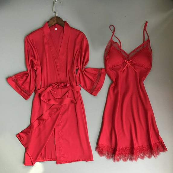 Daqian Plus Size Womens Pajamas Satin Silk Pajamas Cardigan Nightdress Bathrobe Ladies Robes Underwear Sleepwear Pajamas for Women Red XXXL(XXXL)