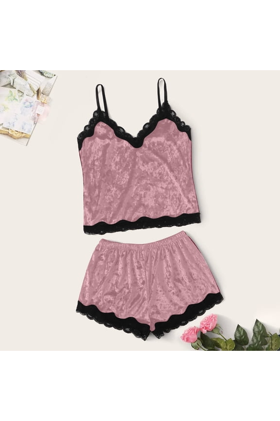 Plus Size Womens Pajamas Suede Lingerie Underwear Sleepwear Nightdress Pajamas Shorts Lace M-XXL Pajamas for Women Pink XL(XL)
