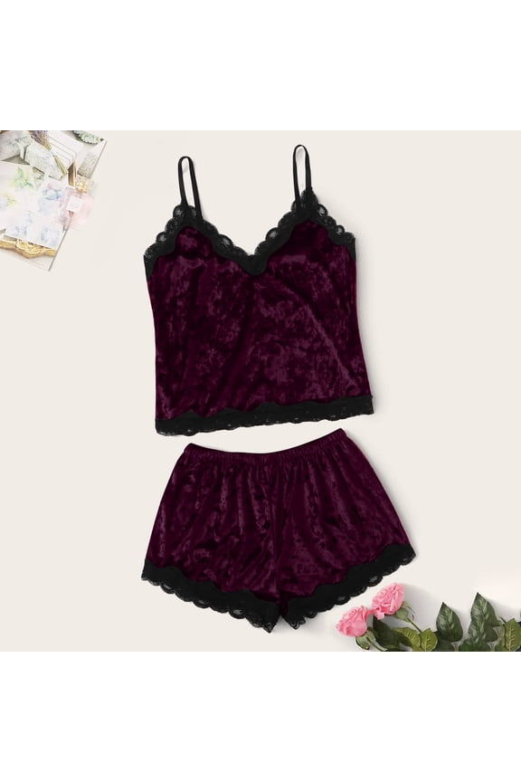Plus Size Womens Pajamas Suede Lingerie Underwear Sleepwear Nightdress Pajamas Shorts Lace M-XXL Pajamas for Women Wine M(M)