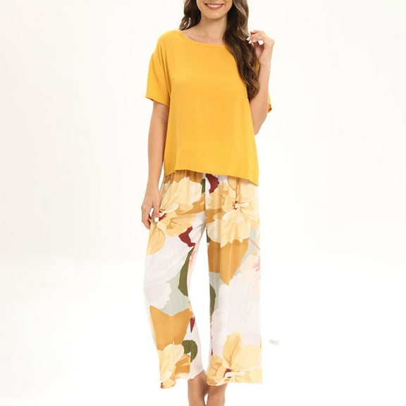 Daqian Plus Size Womens Pajamas Women's Round- Neck Pajamas Long Sleeve Household Sets Pajamas for Women Yellow 10(XL)